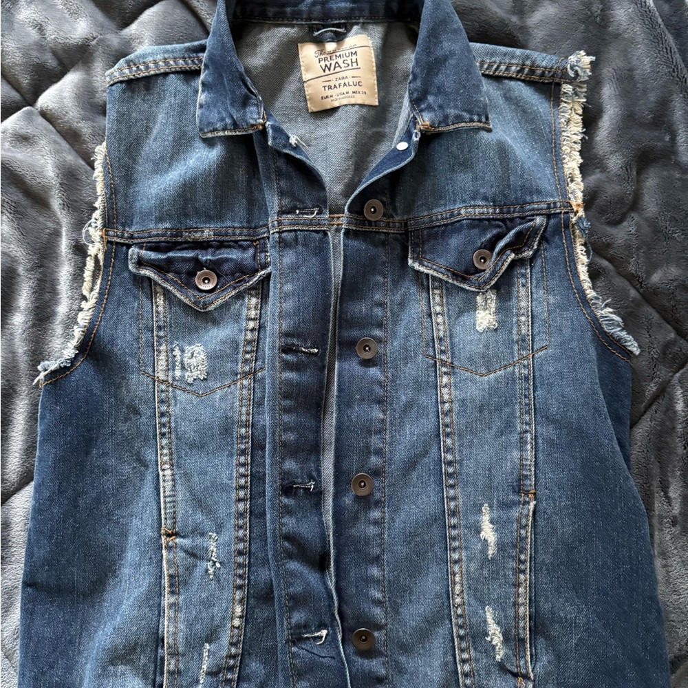 Denim Sleeveless Vest with Distressed Details
